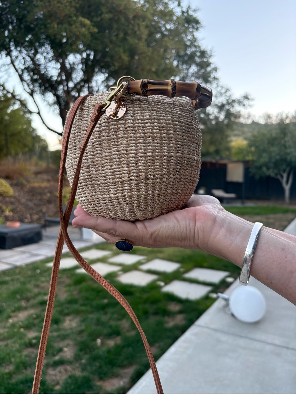Clare V Woven Basket bag, Straw Mini Bag with Bamboo Handle